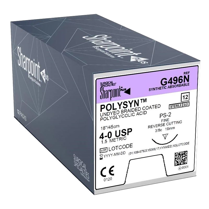 Suture with Needle PolySyn™ Absorbable Coated Undyed Suture Braided Polyglycolic Acid Suture Size 4 - 0 18 Inch Suture 1-Needle 19 mm Length 3/8 Circle Precision Reverse Cutting Needle by Angiotech - Look Division - Surgical Specialties Corp.  ID G496N